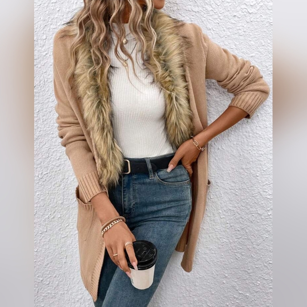 Women's Faux Fur Cardigan Fuzzy Trim Open Front Dual Pocket Sweater +Non Smoker+